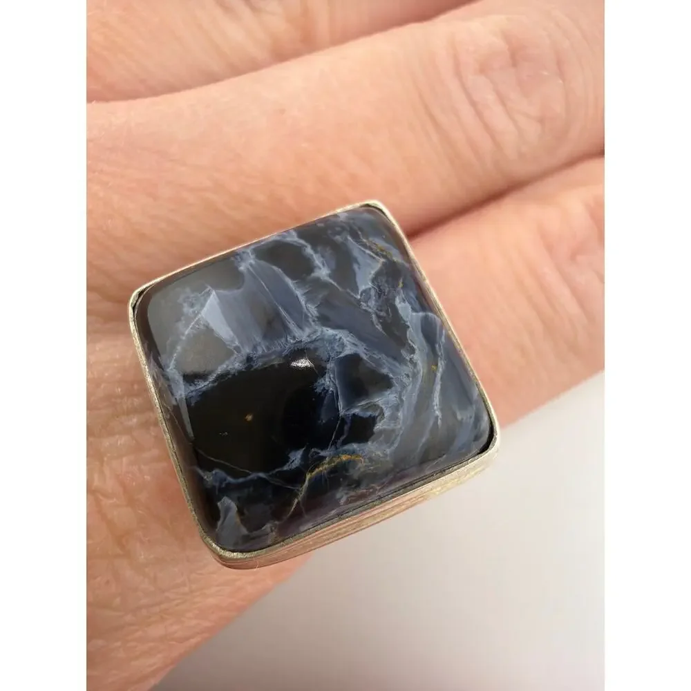 Square Blue Pietersite 925 Sterling Silver Ring Size 6.5